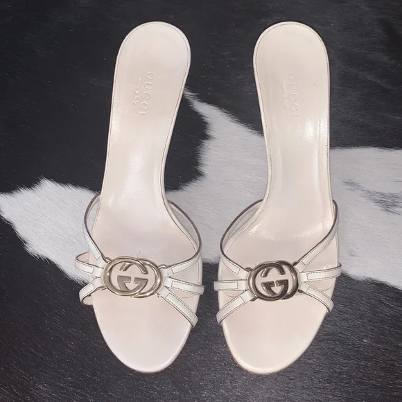 GucciY2K White Slip On Monogram Medallion Peep Toe Mules 6.5